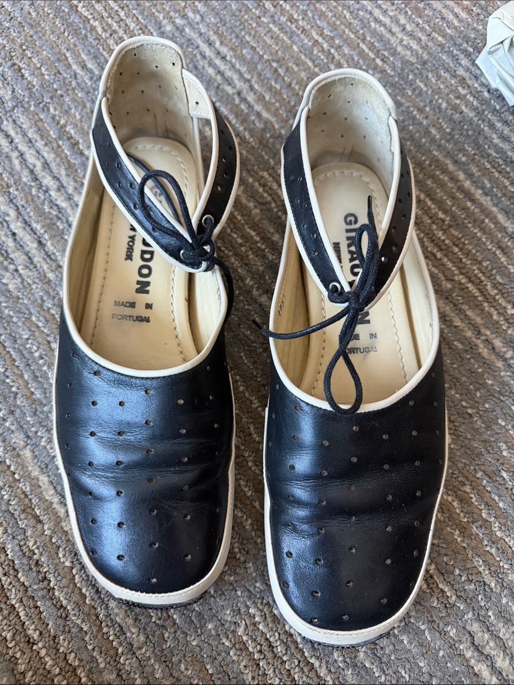 Black and Cream Perforated Ankle Strap Flats